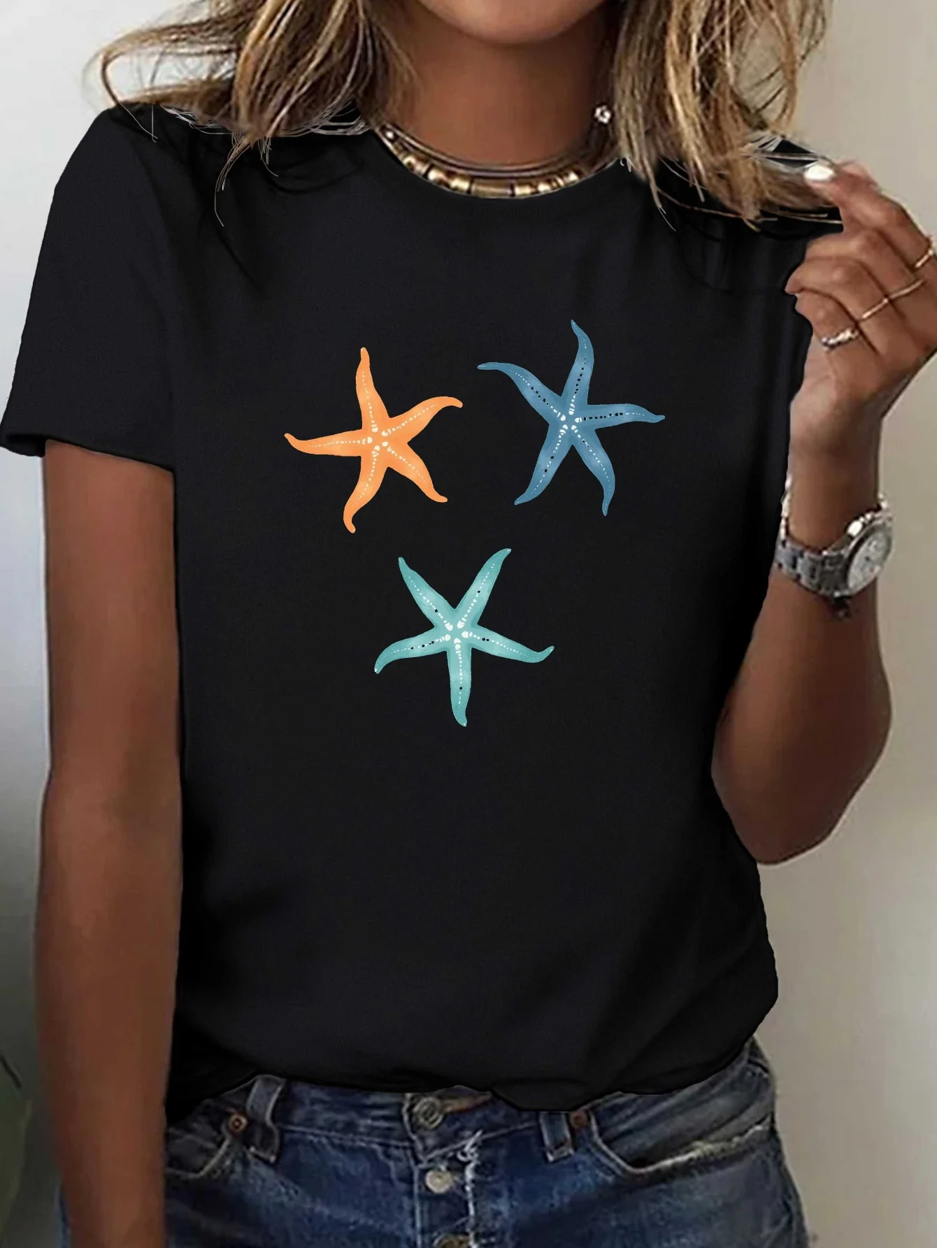 

Colorful Three Starfish Creative Pattern Printed Summer Women's Top Short Sleeved Round Neck Women's Plus Size Casual Clothing