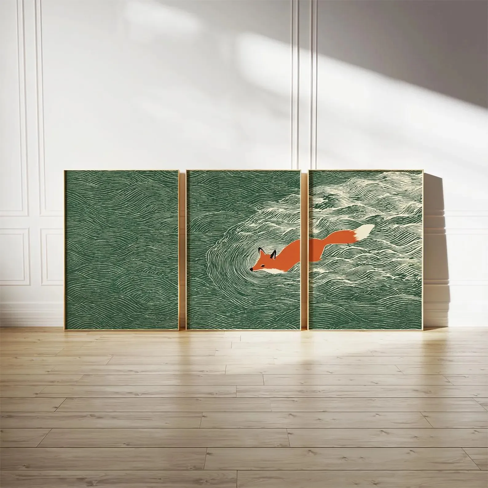 3pcs/set Japanese Fox Ocean Canvas Printing Green Wave Animal Swimming Wall Art Poster for Modern Living Room Bedroom Home Decor