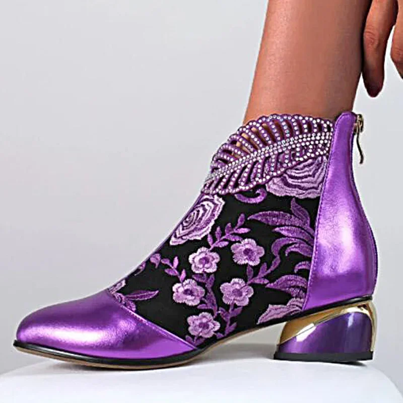 Botas cortas cómodas de tacón grueso para mujer, botines bajos con cremallera y diamantes de imitación y flores bordadas, moda de primavera e invierno, 2022