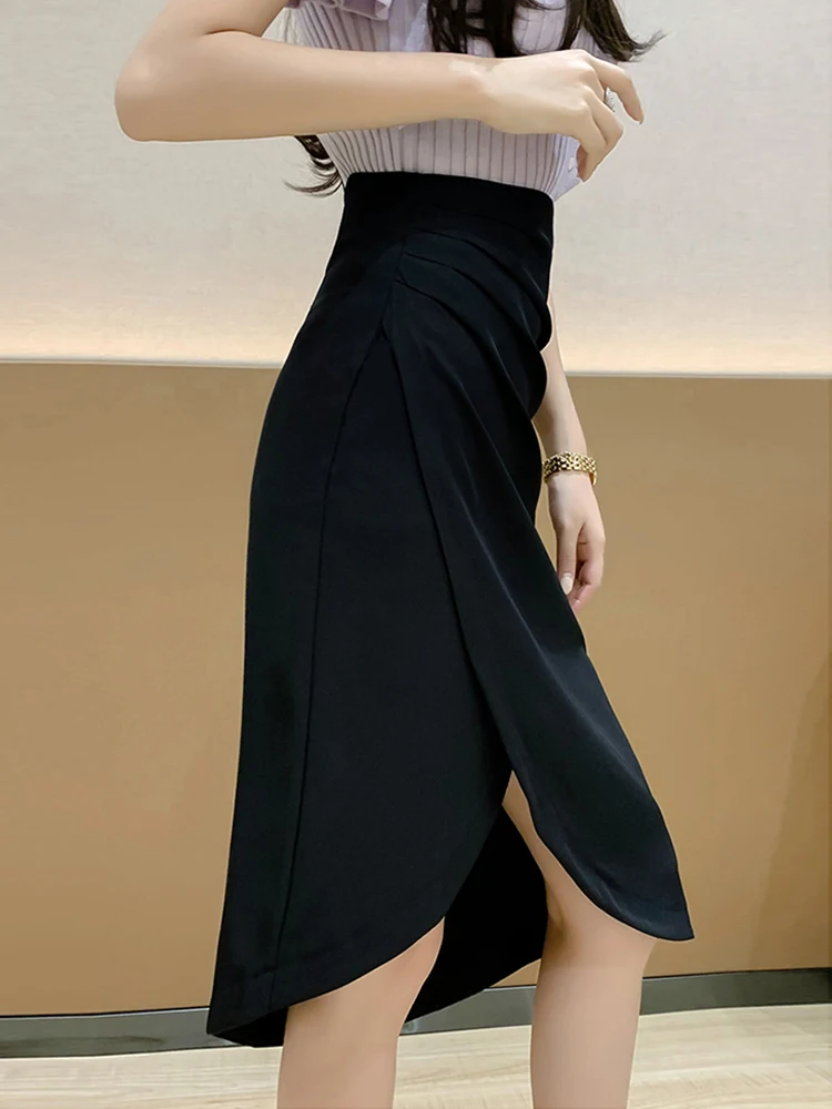 New Sexy Side Slit Black Midi Skirt Woman Vintage High Waist Cross Folds Slim Pencil Skirts Office Wear Wrap Bodycon Skirt Women