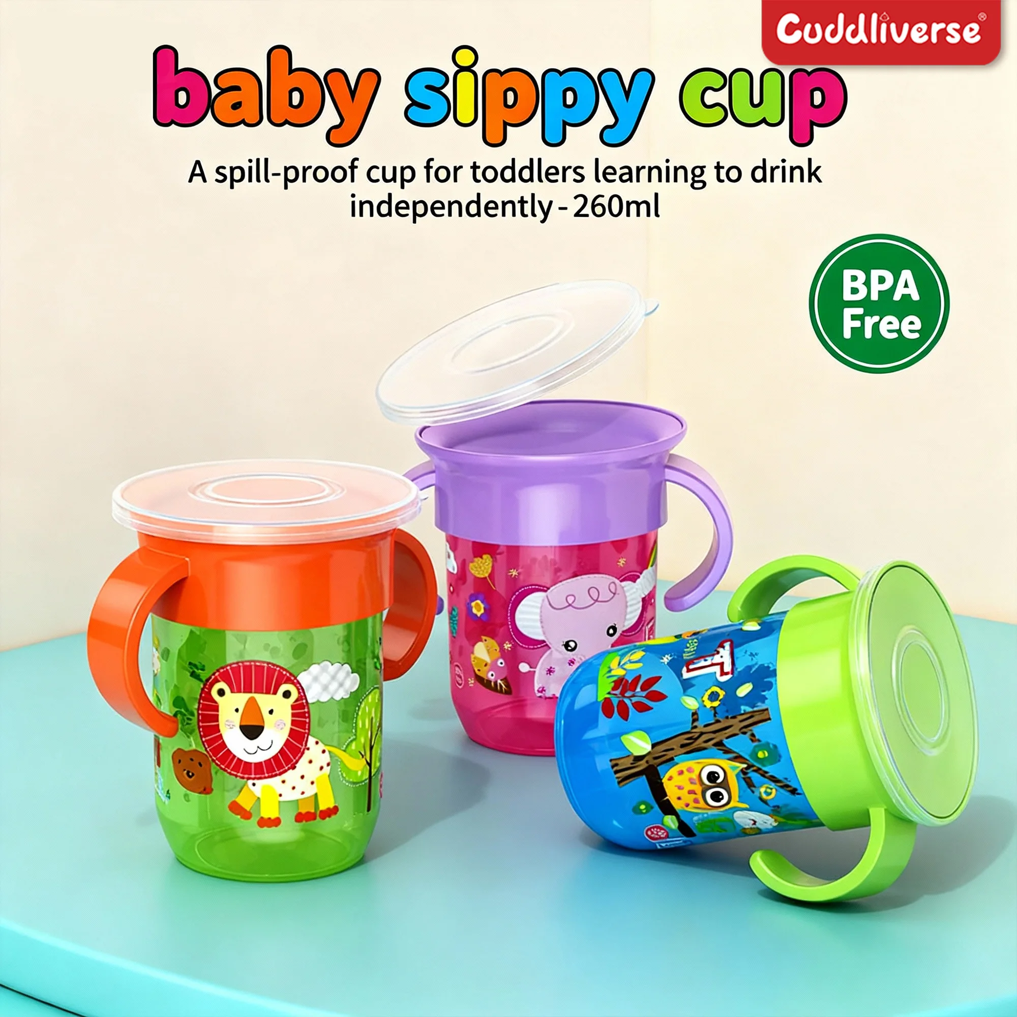 

Cartoon water cup with handle can be rotated 360 degrees to drink water, flip, leak-proof and drop-proof, with lid, water bottle