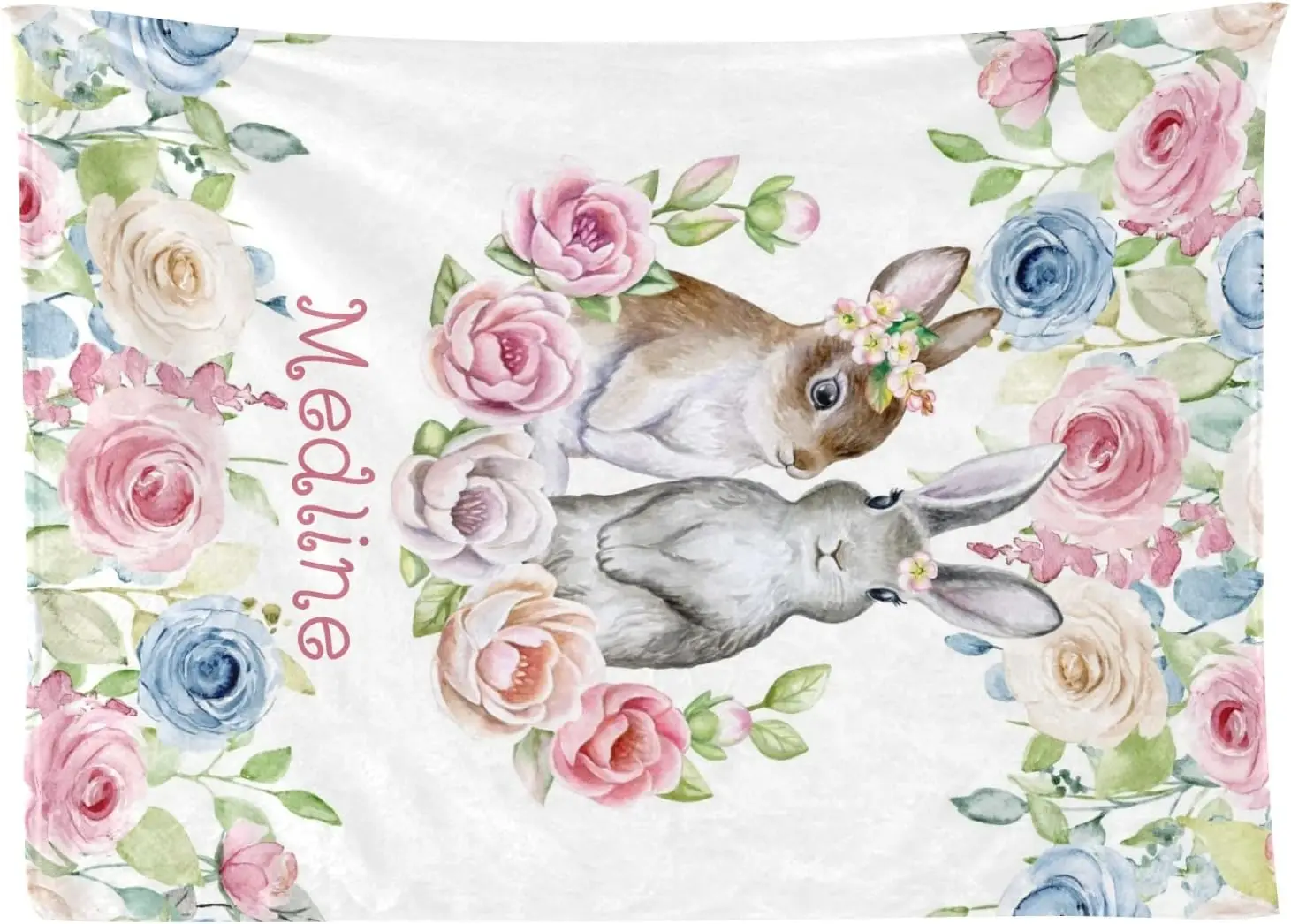 Watercolor Floral Rabbit Bunny Rose Personalized Kid Baby Blanket Customized 30 x 40 Inch Throw with Name Text for Girl