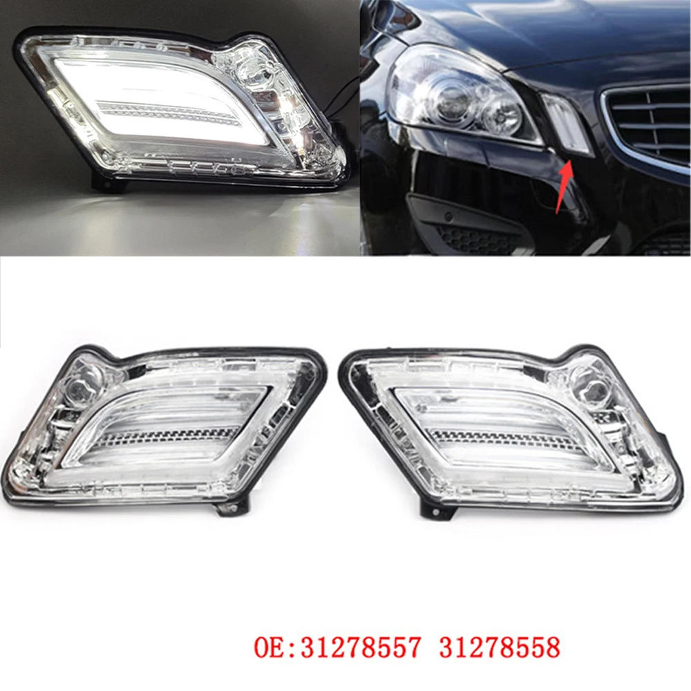 2PCS Left Right Car Front LED Marker Turn Signal Indicator Light DRL For Volvo S60 V60 2010 2011 2012 2013 31278558 31278557