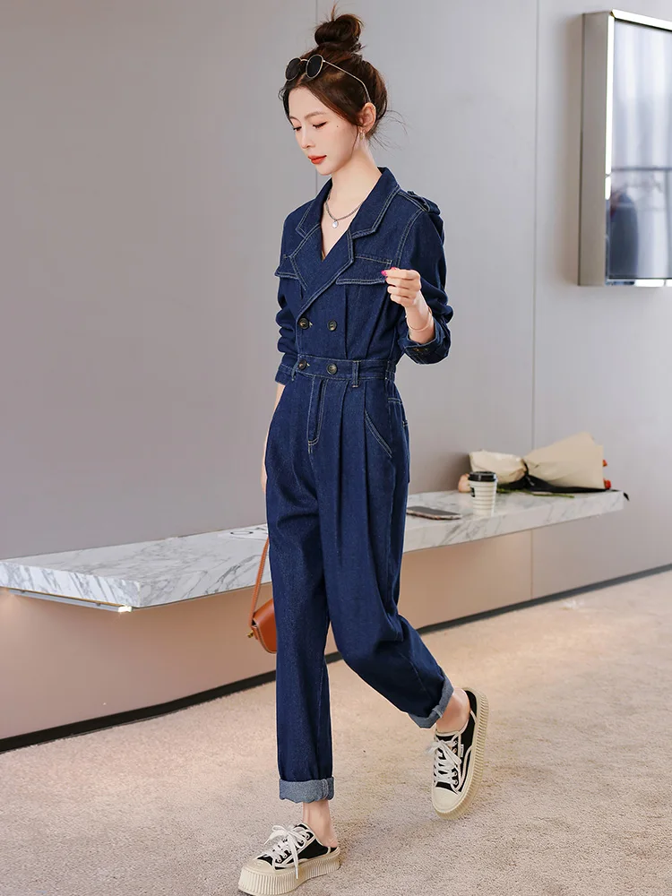 

Elegant Unique Women's Denim Jumpsuit High Waist Straight Leg Cotton Blend Spring 2023 Fashion Commute Style Button Detail