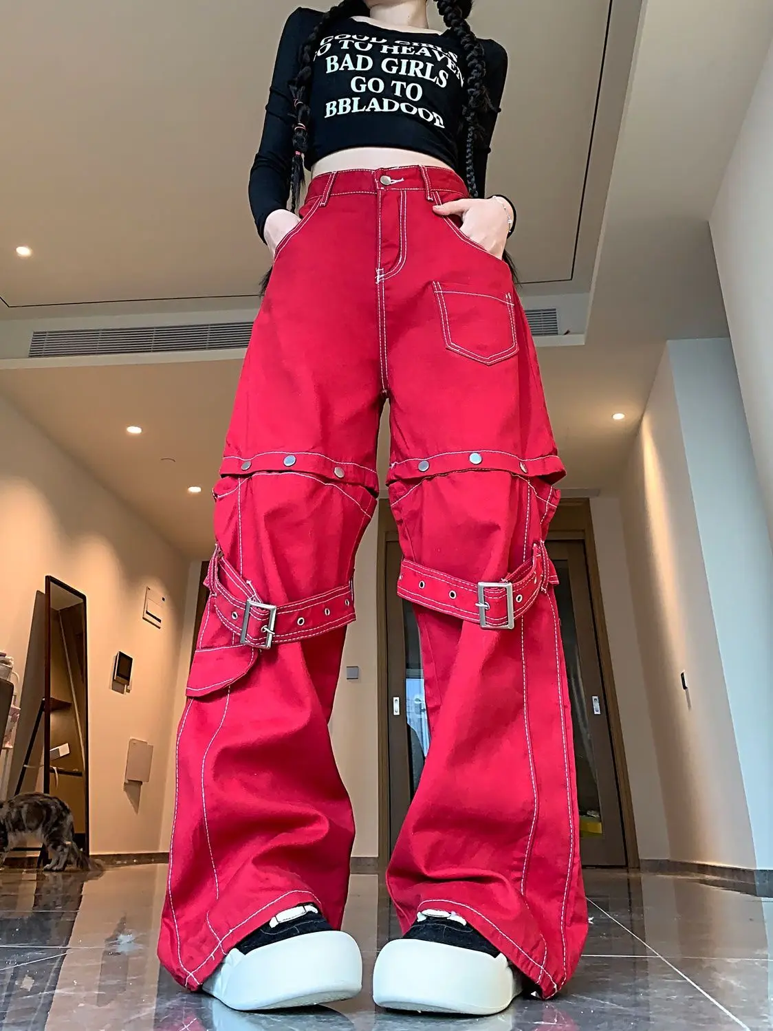 ผู้หญิงสูงเอวVINTAGE Red Cargoกางเกงยีนส์หญิงอเมริกันRetroฤดูร้อนStreetwearขากว้างDENIMกางเกงHip Hopกางเกงตรง