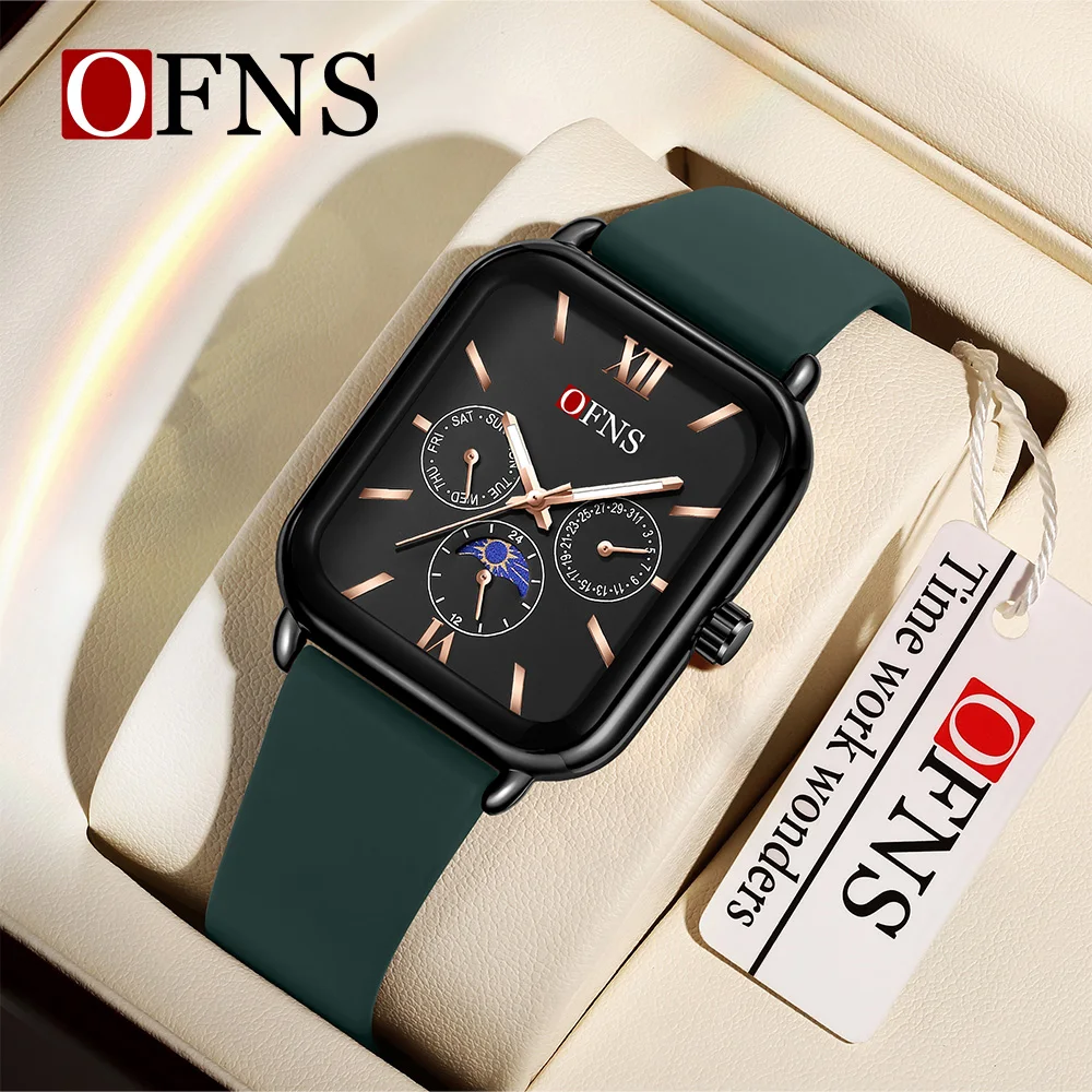 

OFNS 1529 Men's and Women's Quartz Watch Square Three Eyes Six Needles Multi functional Waterproof Men's and Women's Watch 2024