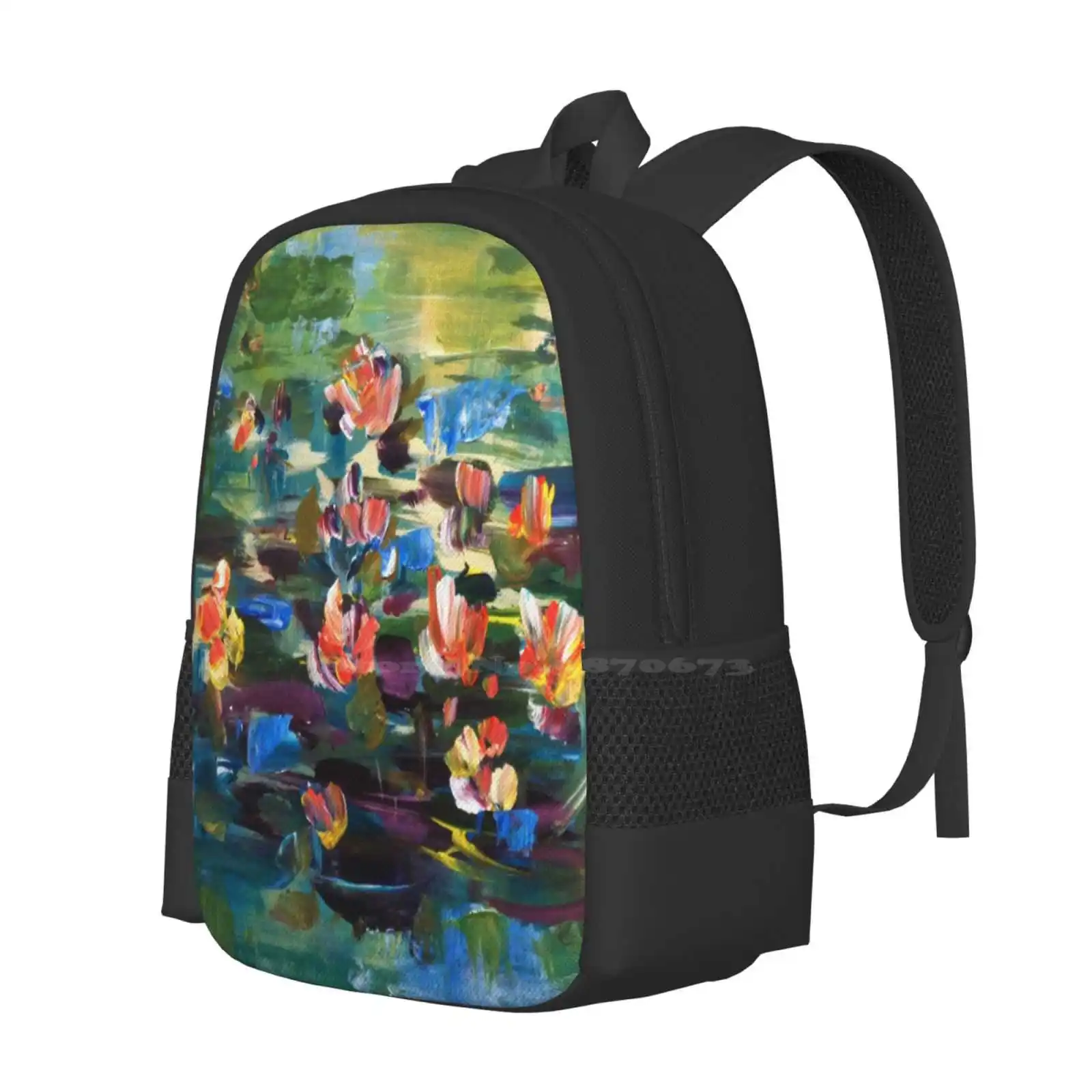 Abstract Lilies V Backpack For Student School Laptop Travel Bag Lilies Pond Abstract Reflections Colour Terrimad Terri Maddock