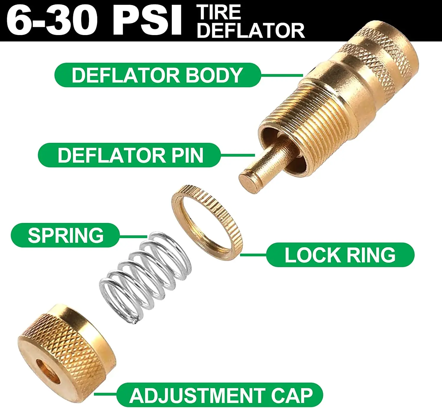 4pcs Universal Offroad Brass Tire Deflators Kit Automatic 6-30psi Tyre Tire Pressure Relief Valve Deflators Bleeder Valve Set