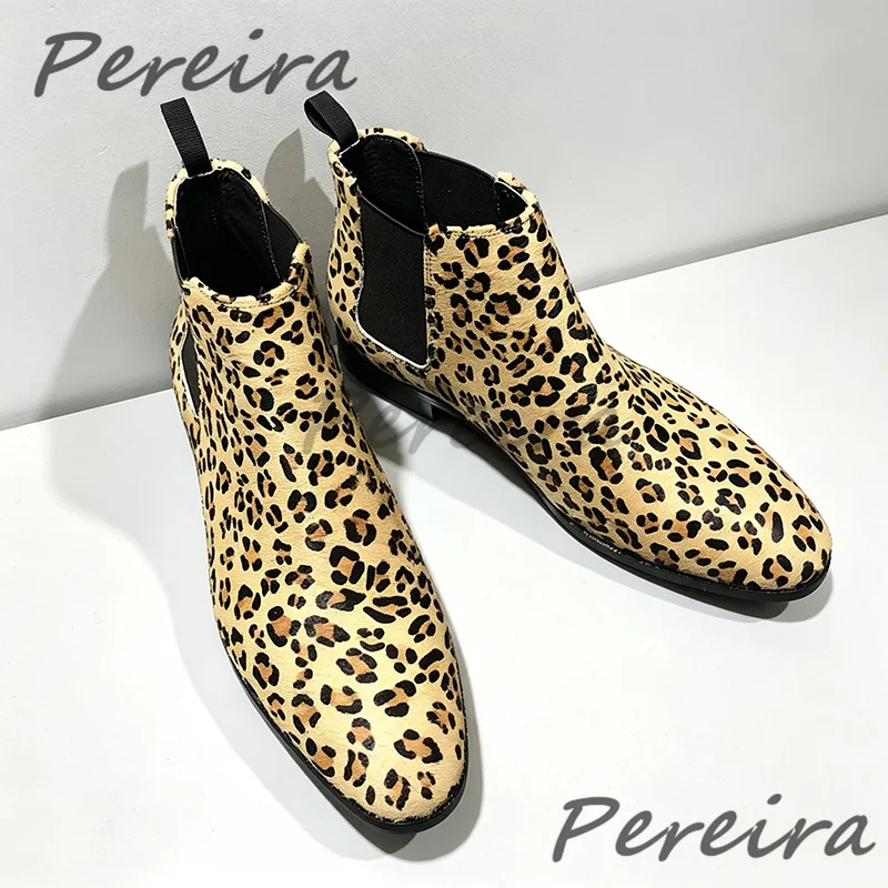 Horsehair Light Leopard Print Short Boots Handmade Genuine Leather Pointed Toe Chelsea Boots Fashion Party Men's High-Top Shoes