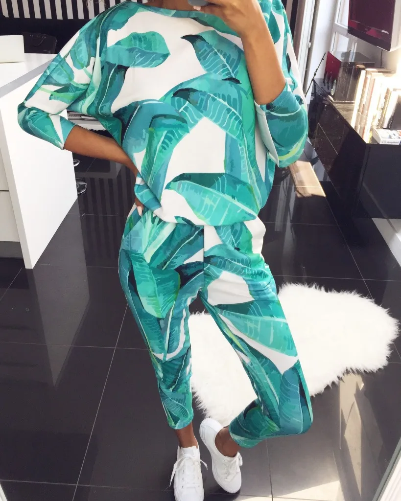 2 pieces women sets animal floral leaf Printed round-neck top+long pant with pocket suits women's clothing