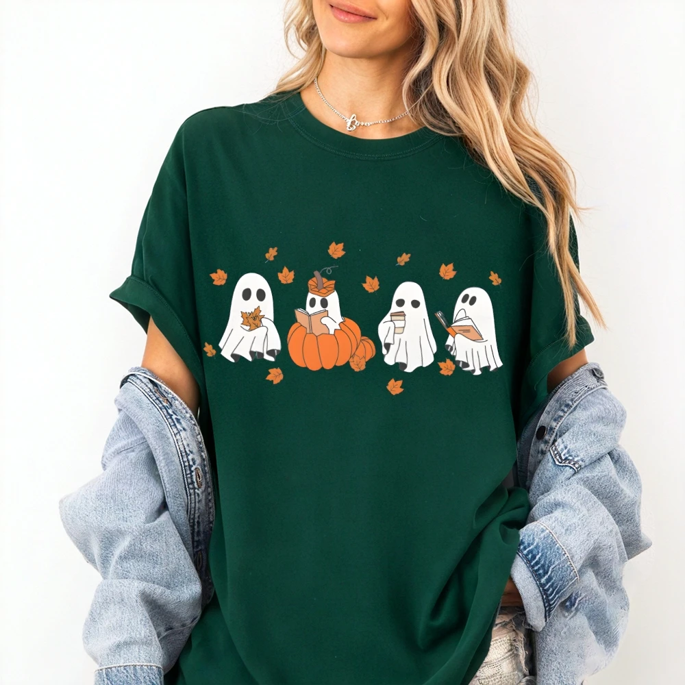 เสื้อยืดลายหนังสือผีน่ารัก ลายกราฟิกหนังสือฮาโลวีน ฤดูใบไม้ร่วง เสื้อยืดผ้าฝ้ายแท้ สไตล์น่ารัก สวมใส่สำหรับของขวัญฮาโลวีนสำหรับเขาและเธอ