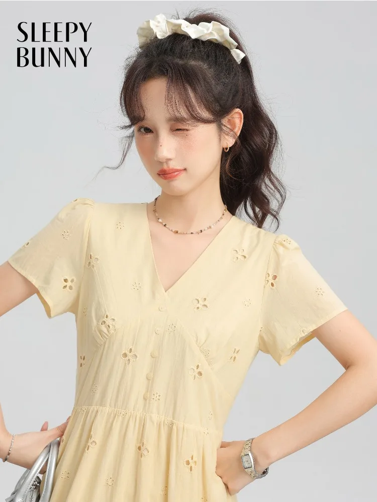 

Cotton Maxi Elegant Style Dress French V Neck Short Sleeve Slim Waist A Line Tea Dress with Hollow Embroidery for Summer Outfit