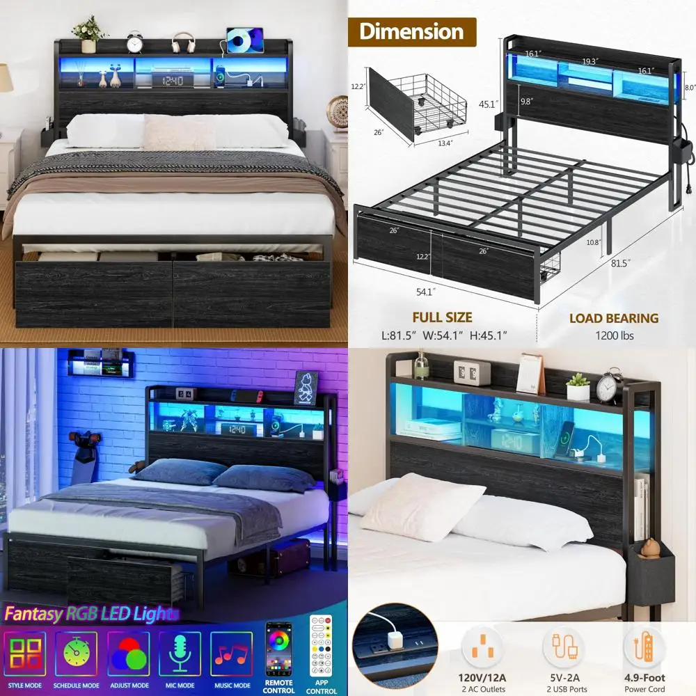 Full Size Wood Headboard Bed Frame with Metal Platform, Storage Drawers, and LED Lighting