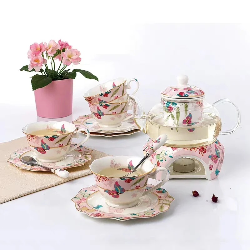 Sakura Flower Tea Ware Set, Heatable Glass Teapot, Ceramic Coffee Cup, Saucer and Spoon Stove, Warmer