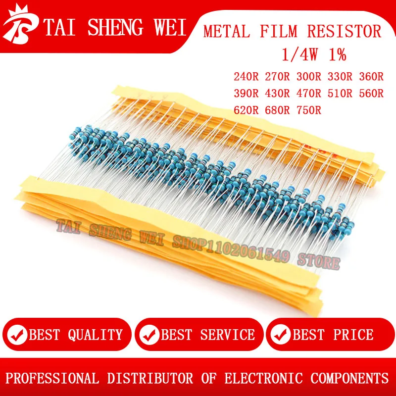 100pcs Metal film resistor 1/4W 1% 240R 270R 300R 330R 360R 390R 430R 470R 510R 560R 620R 680R 750R 270ohm-750ohm resistance