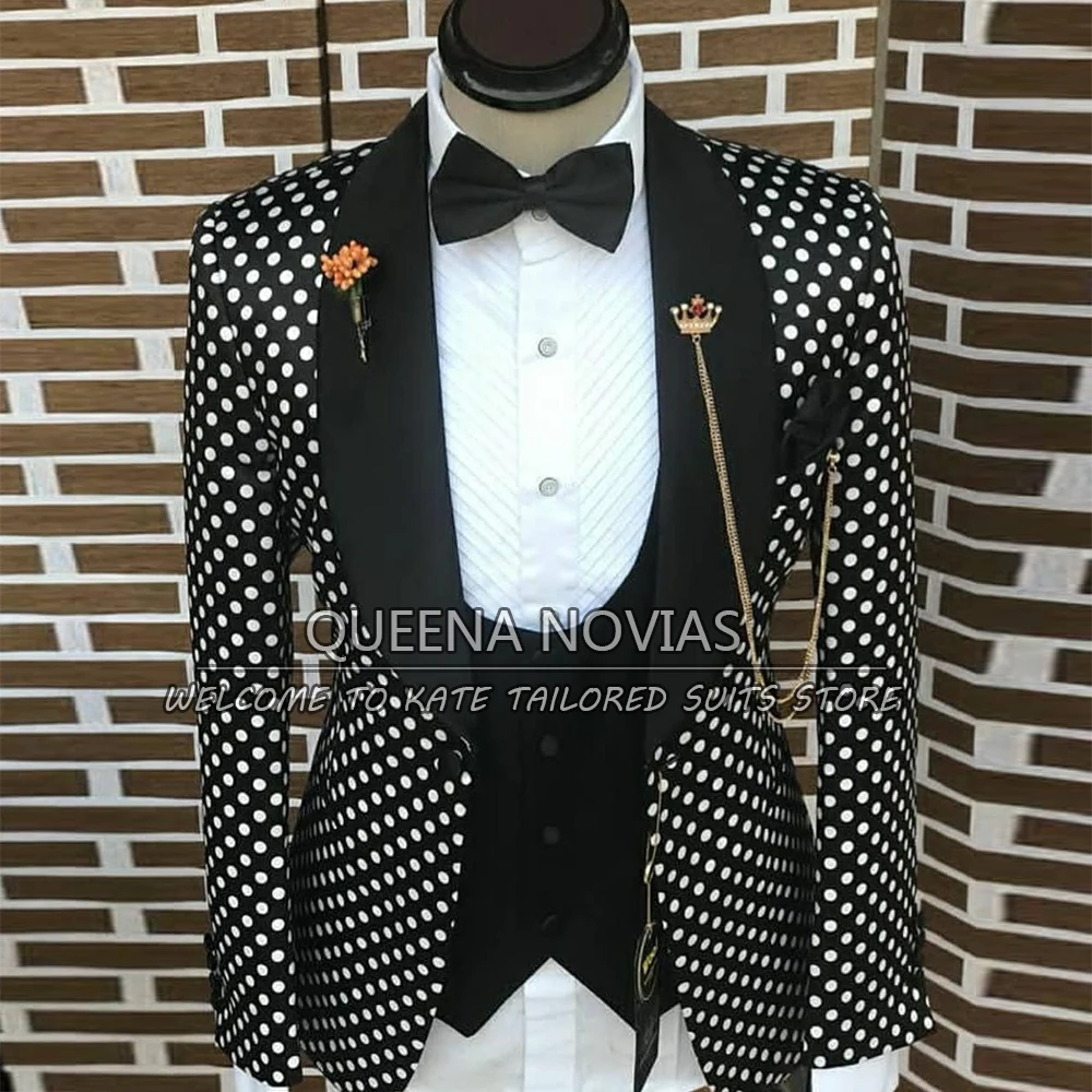 Luxury Men Suits Slim Fit Polka Dot Jacket+Vest+Black Pants 3 Pieces Formal Grooms Single Breasted Blazer Wedding Tuxedos Set