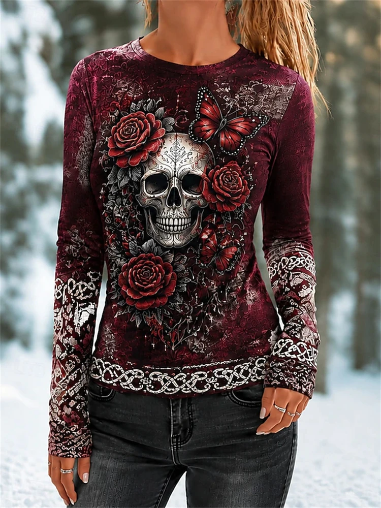 Women's Autumn Halloween Long-Sleeve T-Shirt 3D Rose Skull Print Crew Neck Stylish Casual Spooky-Themed Holiday Party Top