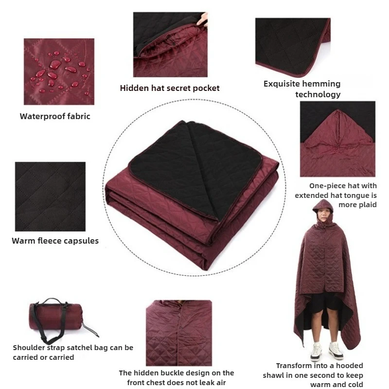 

Washable Fleece Picnic Mat Thickened Waterproof Outdoor Camping Cape with Hood Oversized Warmth Blanket Ground Pad
