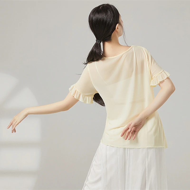 Classical Dance Gauze Tops Women Short Sleeve Sheer Shirts See Through Irregular Blouse Twist Knot Waist Yoga Training Clothes