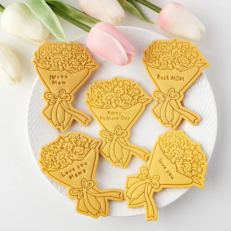 

Flower Bouquet Cookie Cutters and Stamps Blessing Frosting Biscuit Embossing Stencils DIY Hand Press Forms Acrylic Baking Tools