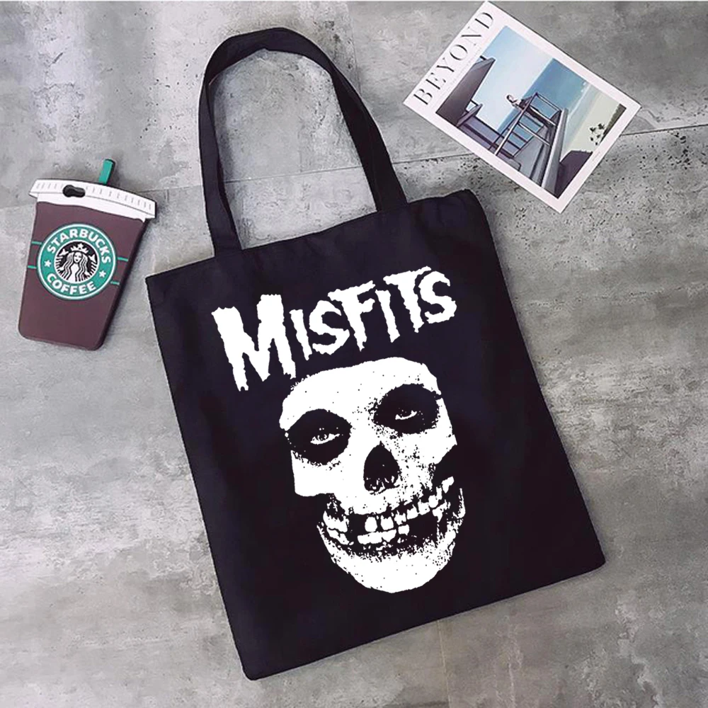 Skull Misfits Shopping Bag Canvas Tote Bags for Women Handbags Hip Hop Cartoon Black Eco Bag Reusable Shopping Bag