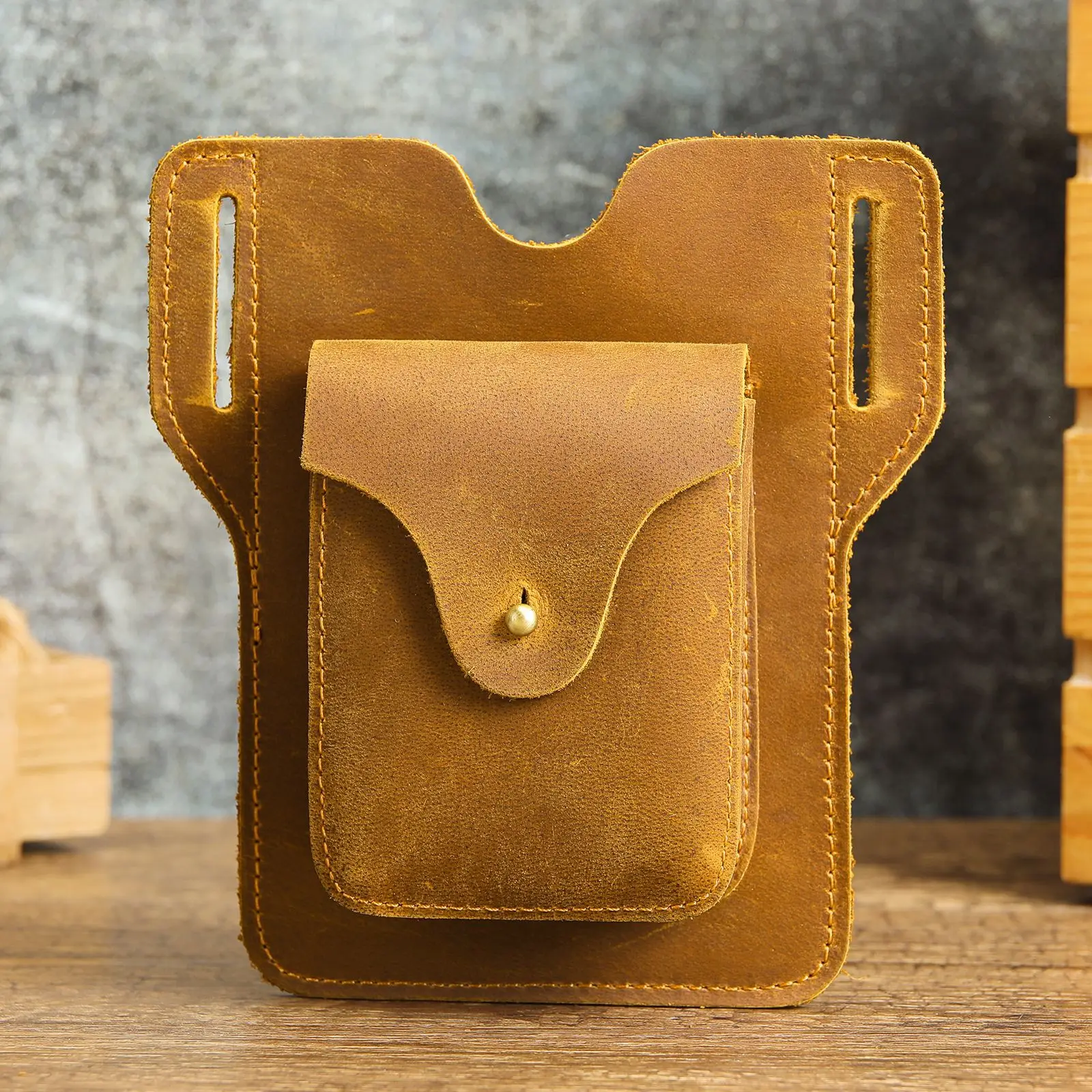 

Men's Genuine Leather Waist Pouch Belt Bag Dual Phone Holster Multi Tool Utility Outdoor Work Hip Pack with Flap