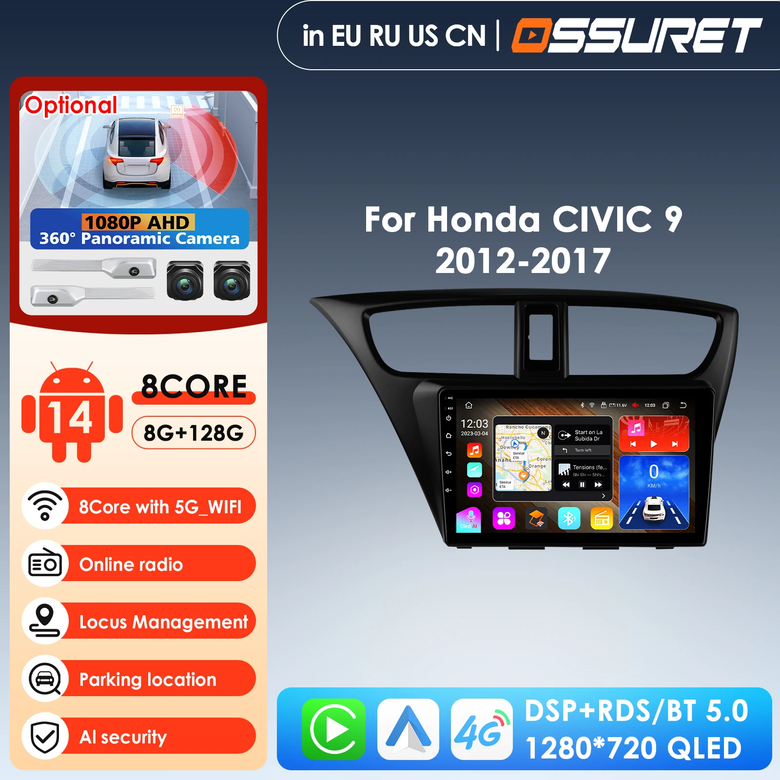 9'' 7862 Intelligent Screen 2din Android 14 Car Radio Video Multimedia Player for Honda Civic 9 FK FB 2012 -2017 GPS Carplay 4G