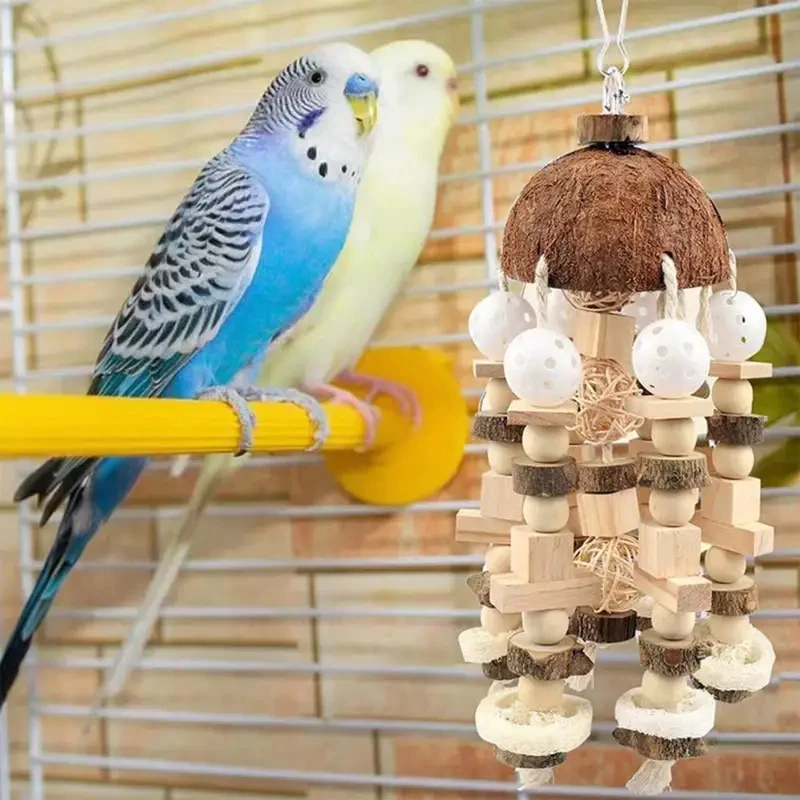 Natural Coconut Shell Parrot Chewing Toy, Hanging Wooden Bite Toy for Medium Large Birds, Parrot Cage Pet Supplies