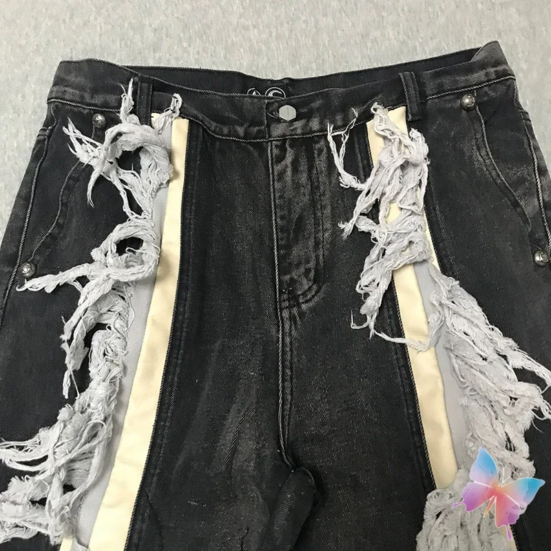 THUG CLUB جينز ثقيل الوزن من الجلد على شكل نجمة القمر الربط اللون حجب شرابة Vinatge سراويل جينز مغسولة للرجال والنساء