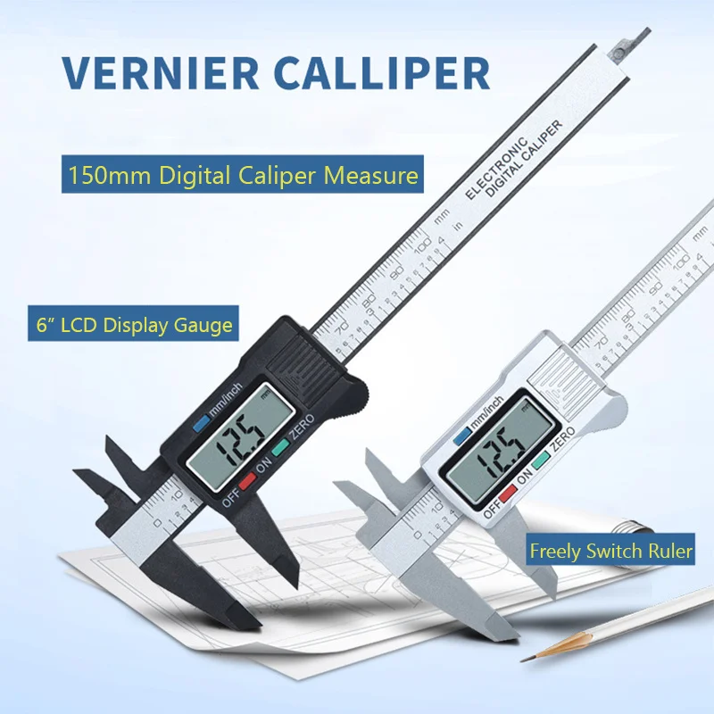 

150mm 0.1m Digital Vernier Calipers measure 6inch LCD Electronic Carbon Fiber Gauge height Inch/Metric Freely Switch Ruler