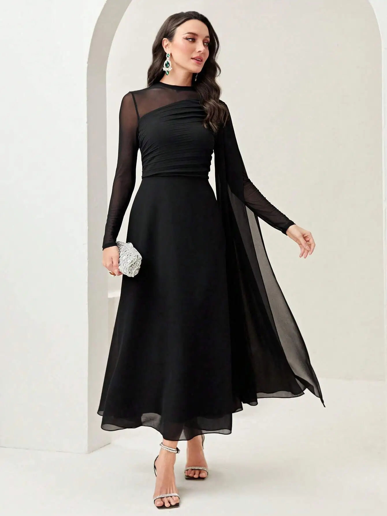 

Black Ruched Asymmetrical Evening Dress with Sheer Long Sleeves