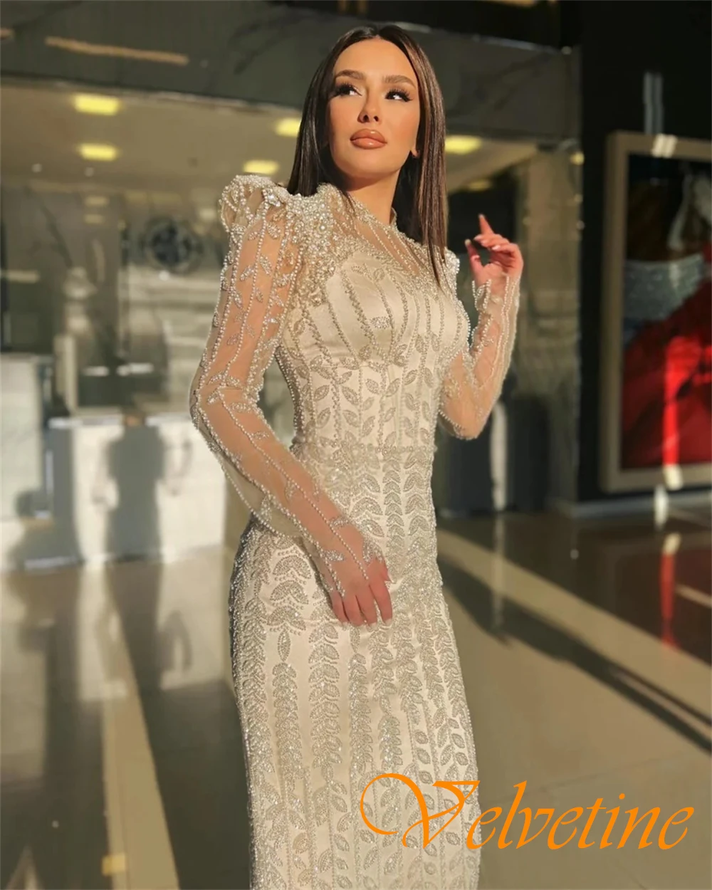 Customized Delicate Satin High Collar Evening Dress Exquisite Long Sleeves Prom Dresses Delicate Crystal Special Occasion Gowns image 5