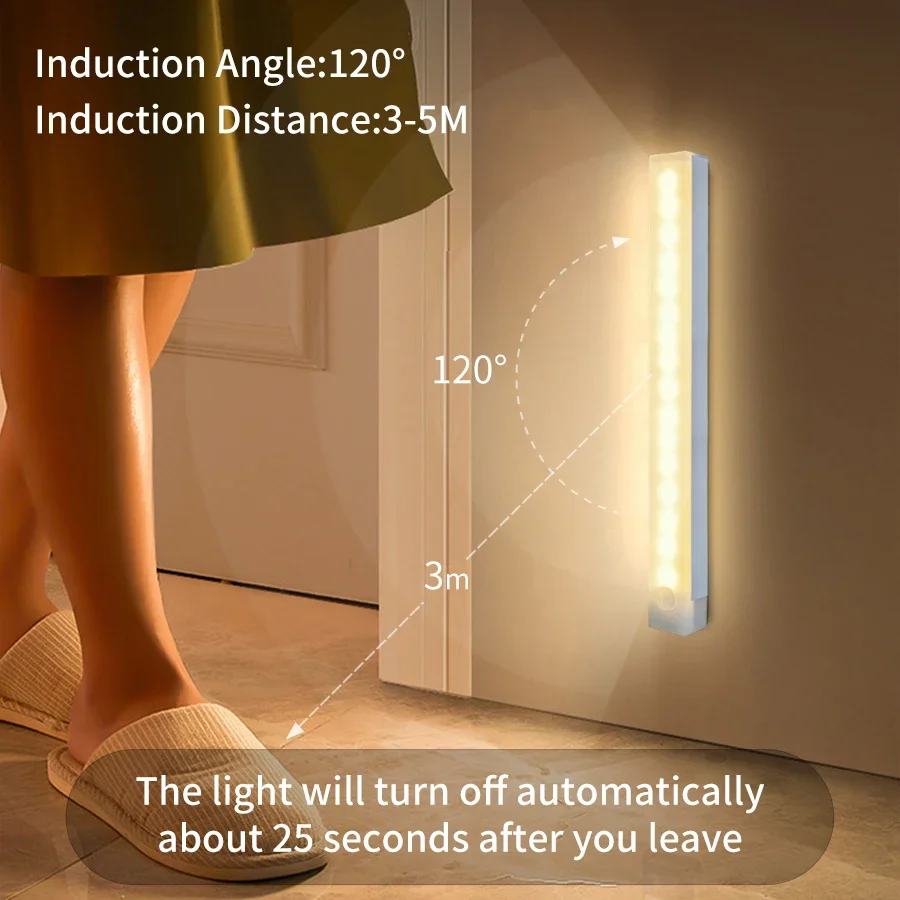 Barra de luz LED recargable por USB con Sensor de movimiento, luz nocturna de inducción humana para dormitorio, cocina, armario