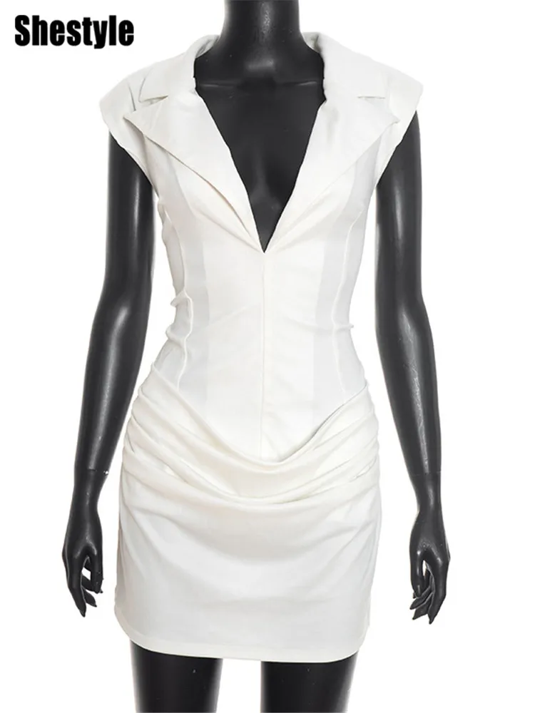 Shestyle عميق الخامس الرقبة منصات الكتف فستان أنيق المرأة الصلبة غمد مكتب سيدة سليم أكمام تانك سترة وتتسابق تاريخ الطرف #5
