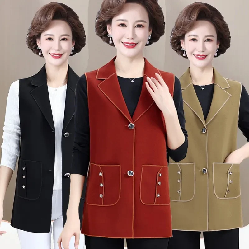 

2024 New Vest Jacket Women's Spring Autumn Lapel Cardigan Sleeveless Coat Middle-Aged Elderly Female Wear Waistcoat Fashion Tops