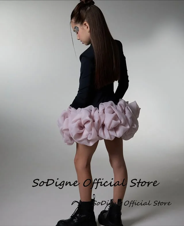 Gaun Pesta Anak Perempuan SoDigne 3D Flower Satin, Model Pendek, Lengan Panjang, Kerah Tinggi, Gaya Putri, Rok Anak, Gaun Pesta 2026, Gaun Anak yang Dapat Disesuaikan