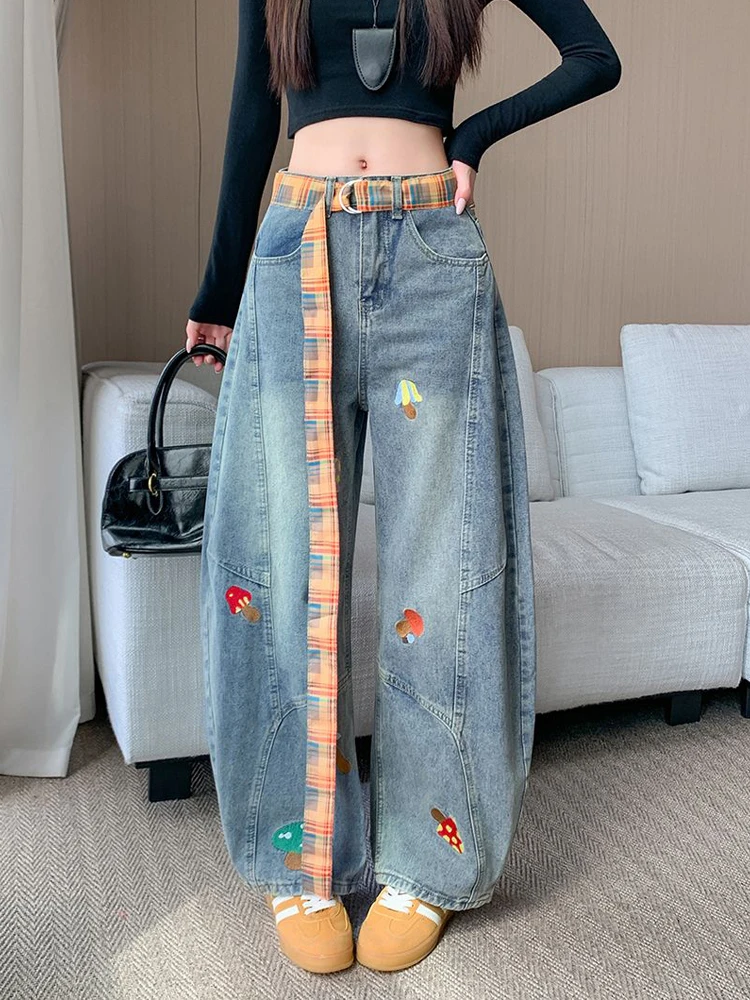 

High Waist Loose Wide Leg Jeans Women's Cartoon Embroidery Knife Summer New Design Casual Blue Denim Trousers