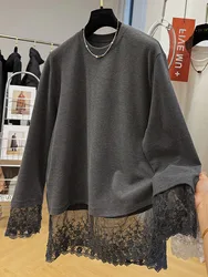 Women's Korean Casual Lace Patchwork Dralon Base Long Sleeved T-shirt Autumn Winter Pullover Versatile Oversize Female Tops