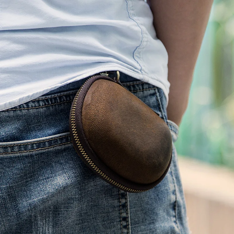 

Creative Folding Sunglasses Case: Retro Cowhide Genuine Leather Hook & Zipper Equipped For Eyewear Storage