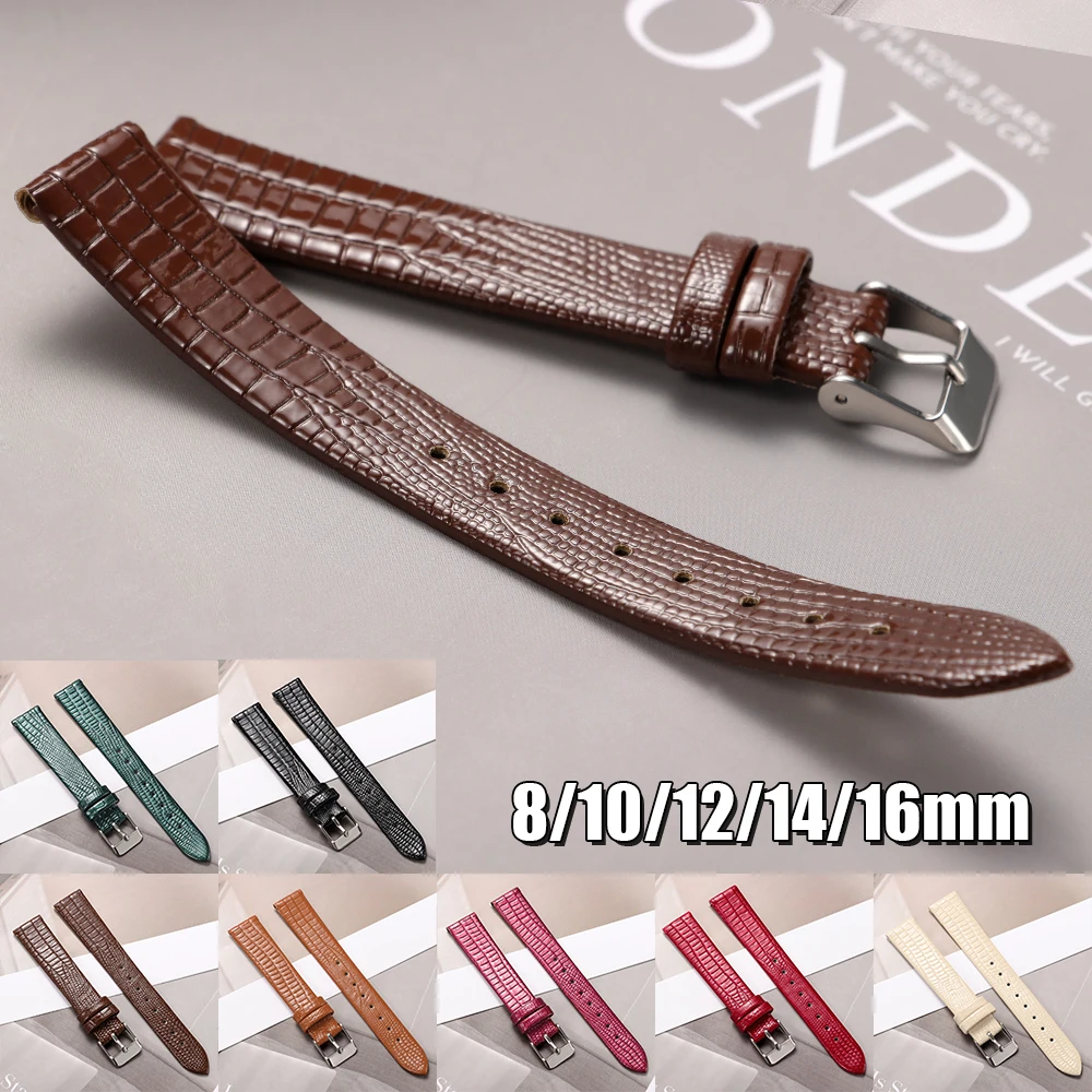 Ultra-thin Leather Watch Strap 8mm 10mm 12mm 14mm 16mm Lizard-patterned Leather Watch Bracelet Silver Gold Buckle with Tool