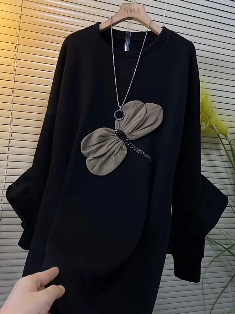 فستان الربيع والخريف بفيونكة حلوة متوسطة الطول كلاسيكي برقبة دائرية سميكة، فساتين سوداء فضفاضة متعددة الاستخدامات بأكمام طويلة #3