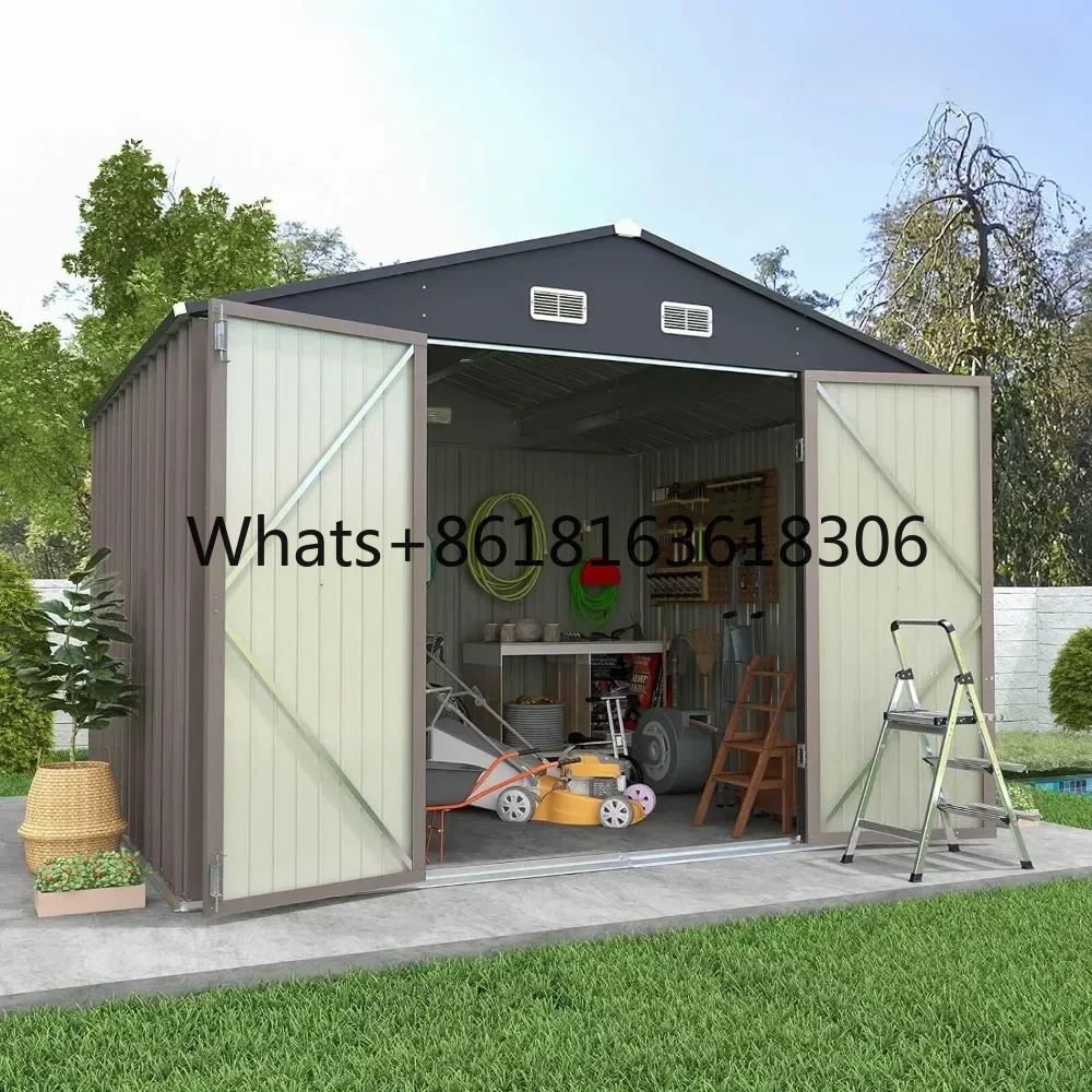 10x8 FT Outdoor Storage Shed, Large Garden Tool Metal Shed with Sloping Roof and Double Lockable Door Cabanons De Jardin