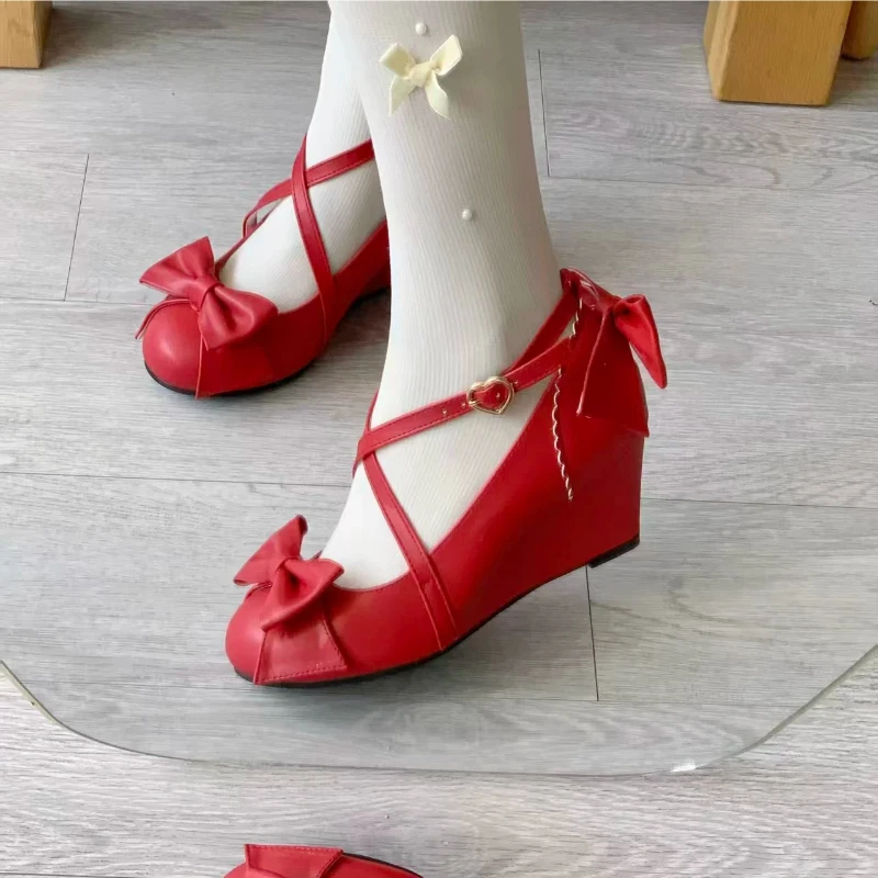 Japanese Original Retro Ancient Lo Shoes Women's Slope Heel Lolita Shoes Versatile Bow Round Pointed Mid Heel Pumps for Female