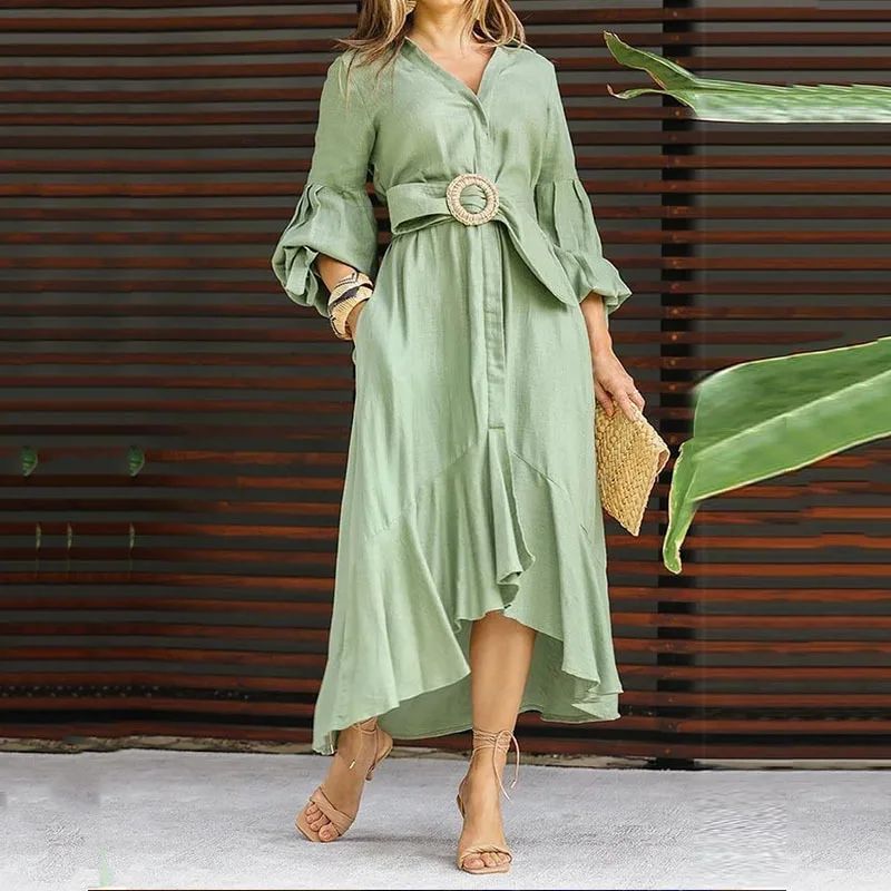 

Fashion Women's Dresses 2023 Autumn Casual Long Sleeve V-Neck Lapel Pocket Elegant Office Long Dress Femme Robe