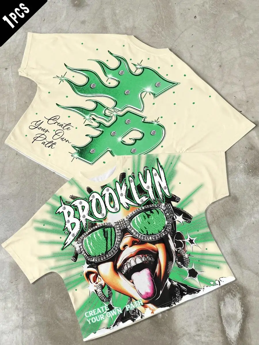 

Cream Men's Streetwear Graphic Tee with Green Flame & Bold Face Print, Short Sleeve Crew Neck