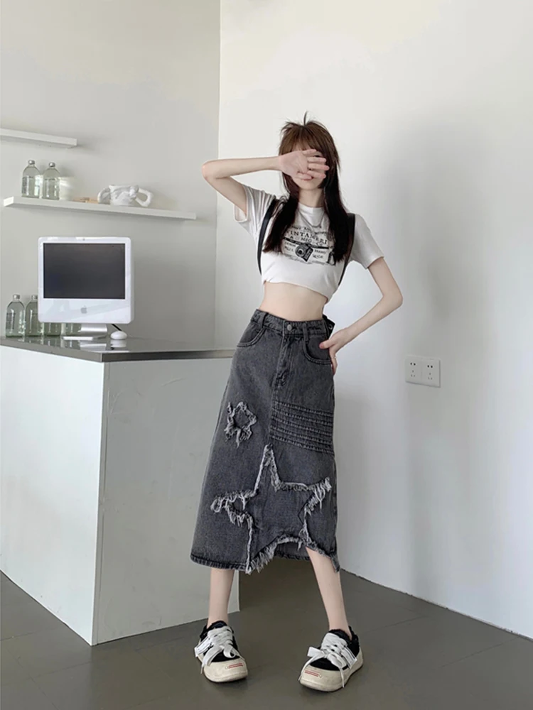 Women Star Denim Skirt Y2k A-Line Skirts Harajuku Korean Vintage 90s Aesthetic Long Jeans Skirt 2000s Trashy Clothes Summer 2024