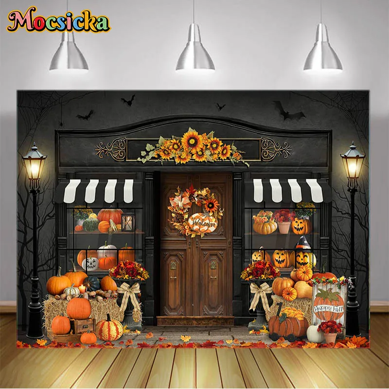 

Halloween Store Photography Backdrops Pumpkins Sunflowers Falling Leaves Wooden Doors Autumn Backgrounds For Photo Shoot Studio