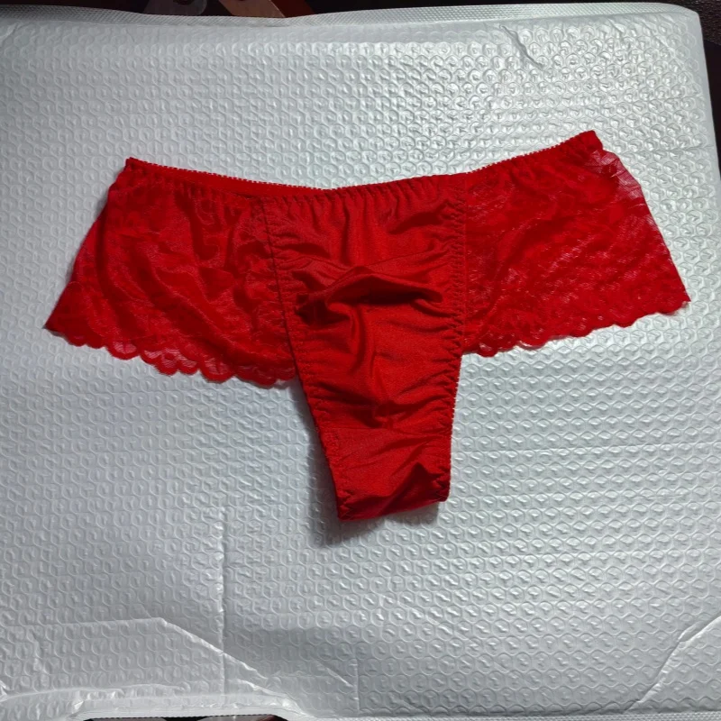 Japanese New Men's Red Sexy Lace Thong Sissy Soft Comfortable T-back Briefs Erotic G-string lingerie Men Underwear view 6