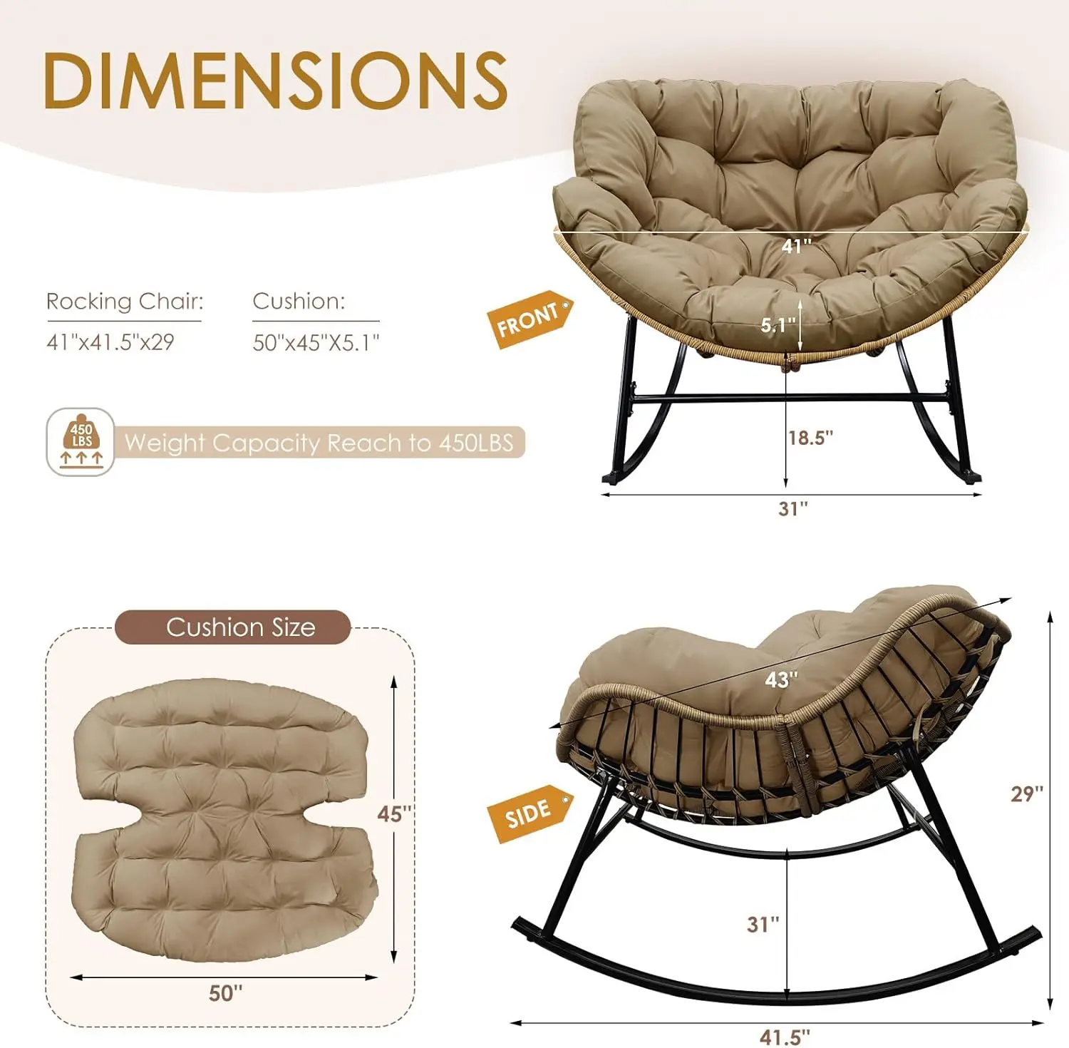 Indoor Outdoor Rocking Chair with Cushion, Oversized Patio Papasan Rocking Chair, All Weather Wicker Egg Royal Rocking Chair