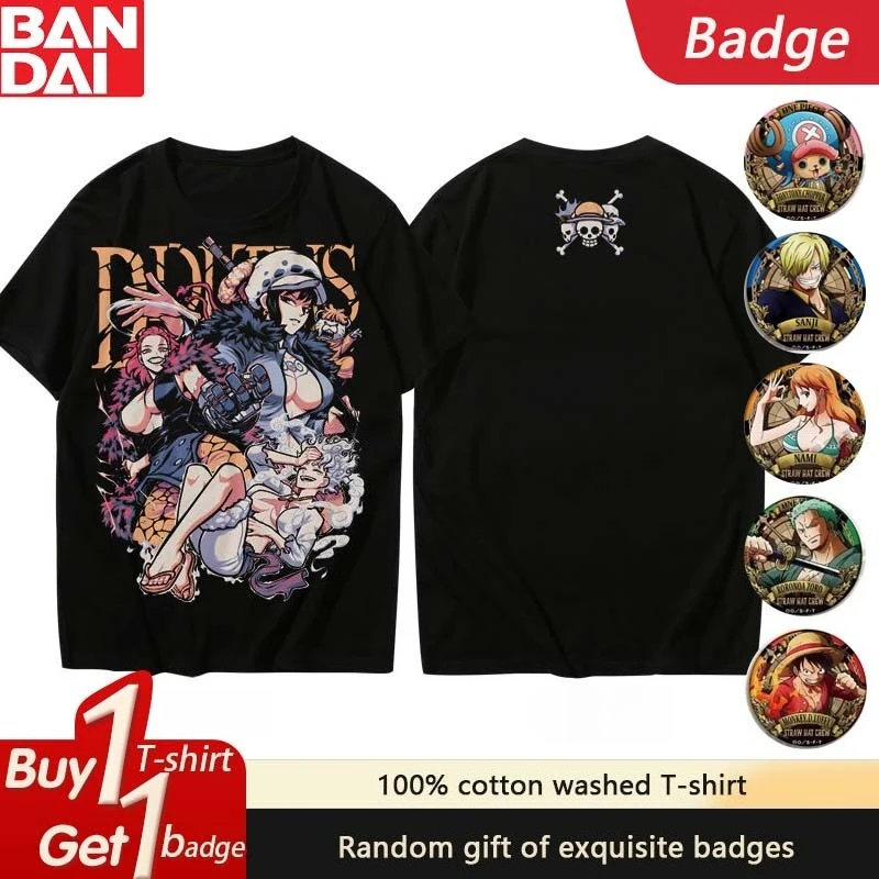 

Bandai Genuine New High Quality Riman ONE PIECE Cotton T-Shirt Men's and Women's Luffy Design Top Short Sleeve Free Badge
